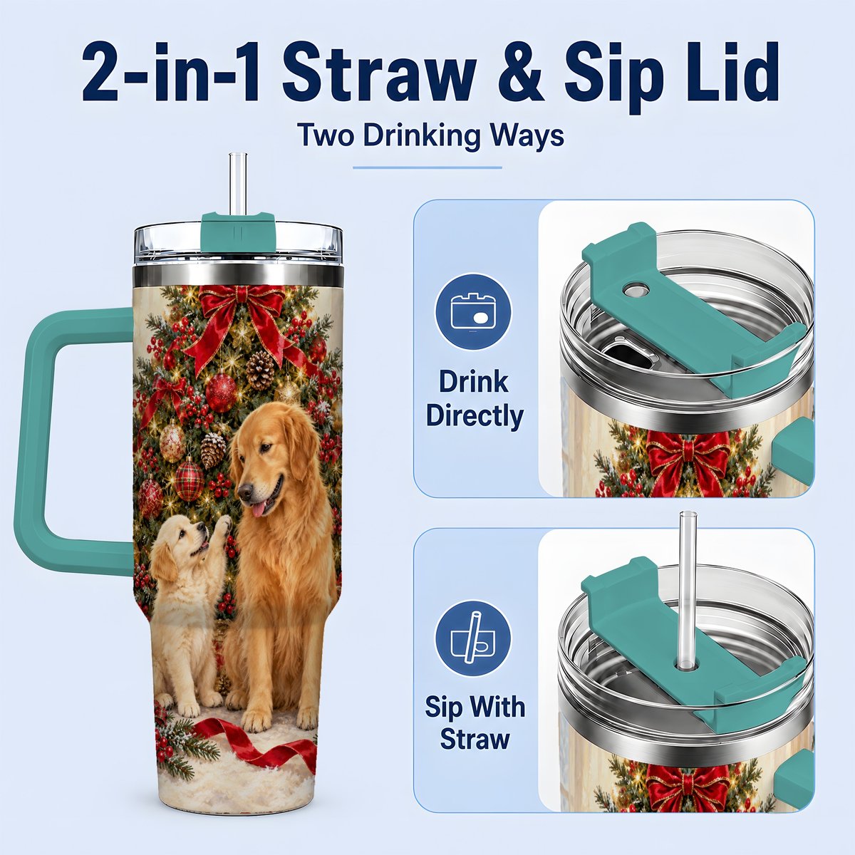 #pl[40oz|Green] Golden Retriever Christmas Tree Handled Tumbler 40oz