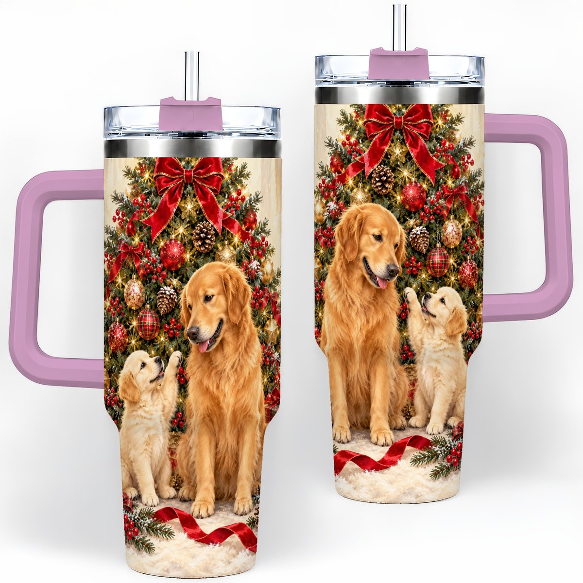 #pl[40oz|Pink] Golden Retriever Christmas Tree Handled Tumbler 40oz
