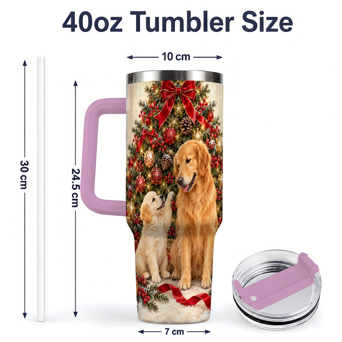 #pl[40oz|Pink] Golden Retriever Christmas Tree Handled Tumbler 40oz