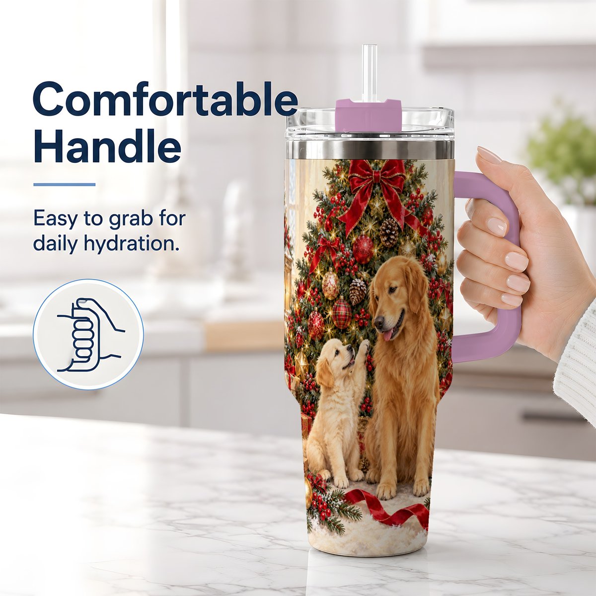 #pl[40oz|Pink] Golden Retriever Christmas Tree Handled Tumbler 40oz