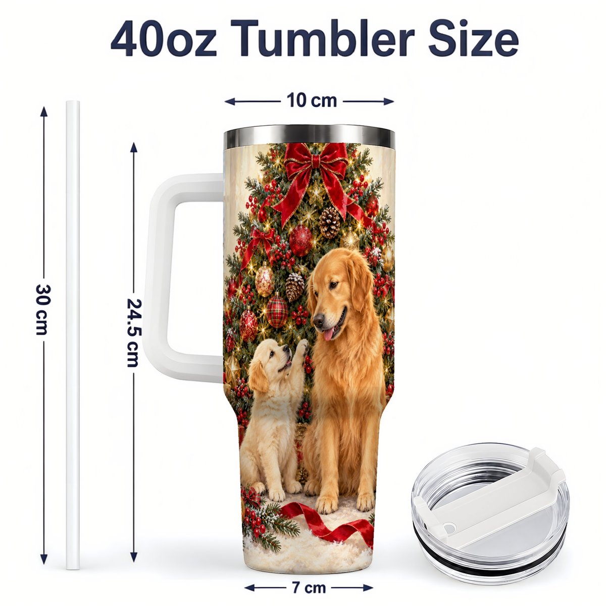#pl[40oz|White] Golden Retriever Christmas Tree Handled Tumbler 40oz