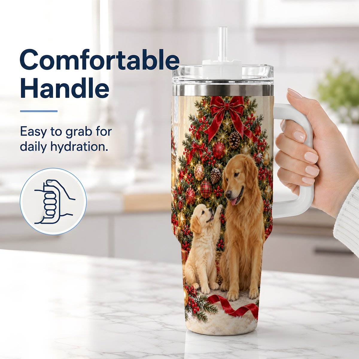 #pl[40oz|White] Golden Retriever Christmas Tree Handled Tumbler 40oz