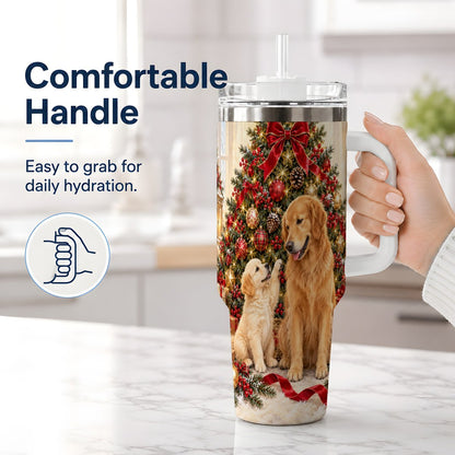 #pl[40oz|White] Golden Retriever Christmas Tree Handled Tumbler 40oz