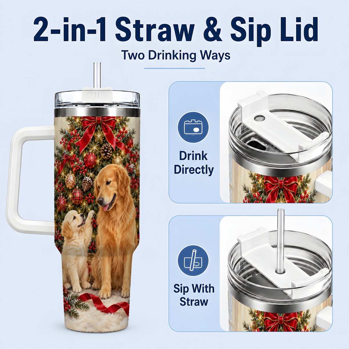 #pl[40oz|White] Golden Retriever Christmas Tree Handled Tumbler 40oz