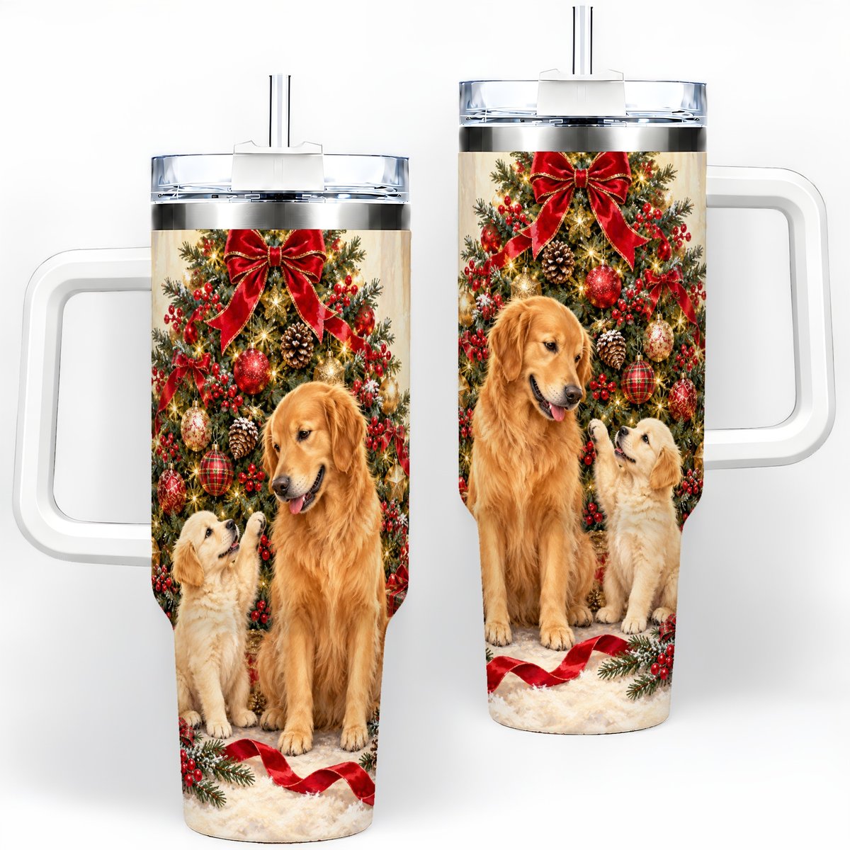 Golden Retriever Christmas Tree Handled Tumbler 40oz