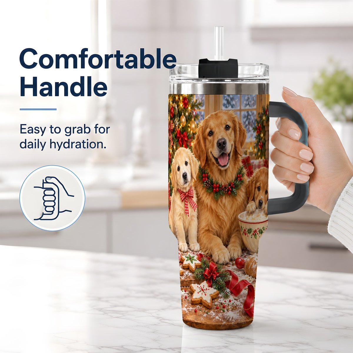 #pl[40oz|Black] Golden Retriever Christmas Baking Handled Tumbler 40oz