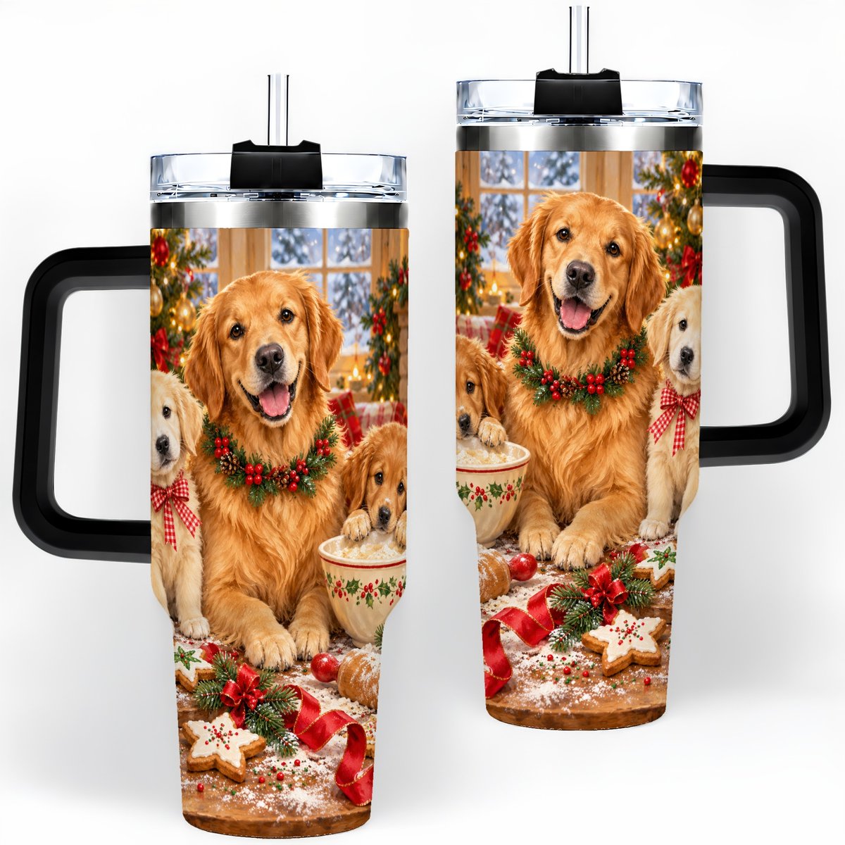 #pl[40oz|Black] Golden Retriever Christmas Baking Handled Tumbler 40oz