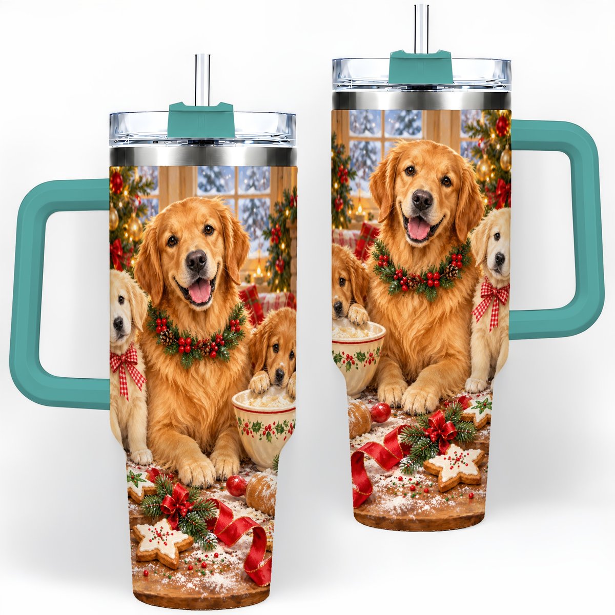 #pl[40oz|Green] Golden Retriever Christmas Baking Handled Tumbler 40oz