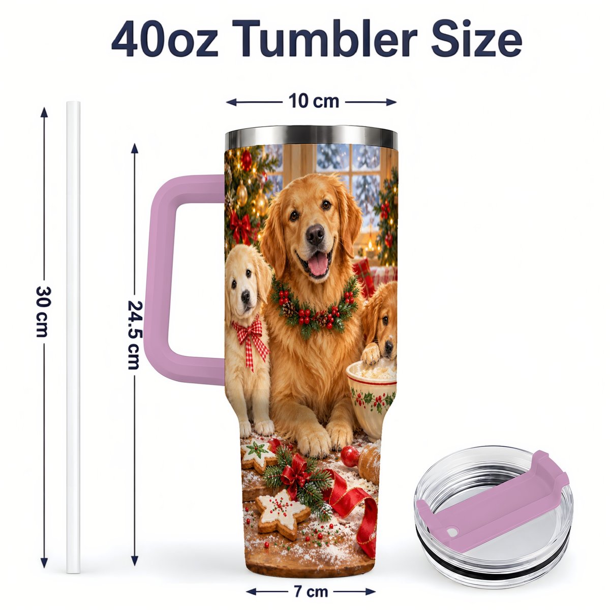 #pl[40oz|Pink] Golden Retriever Christmas Baking Handled Tumbler 40oz