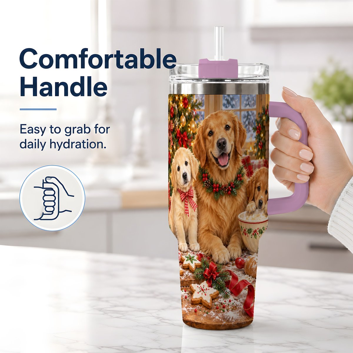 #pl[40oz|Pink] Golden Retriever Christmas Baking Handled Tumbler 40oz