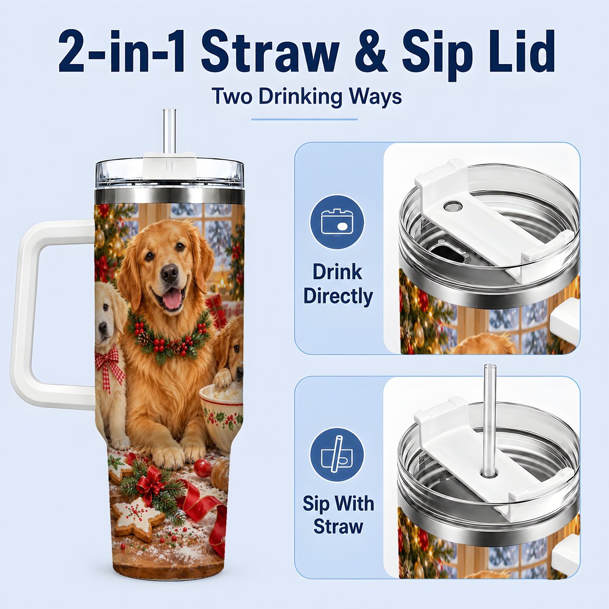 #pl[40oz|White] Golden Retriever Christmas Baking Handled Tumbler 40oz