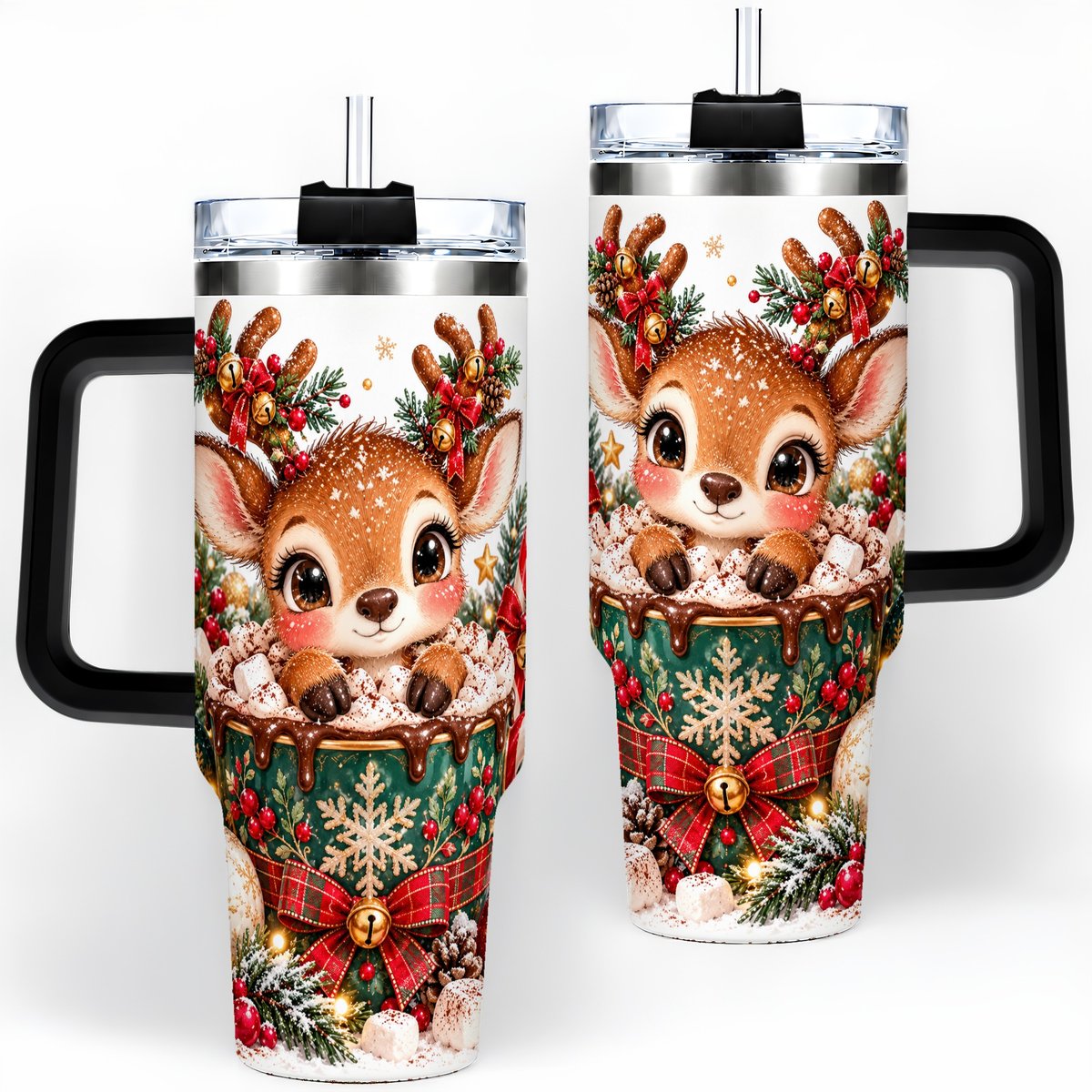 #pl[40oz|Black] Christmas Reindeer Hot Cocoa Handled Tumbler 40oz