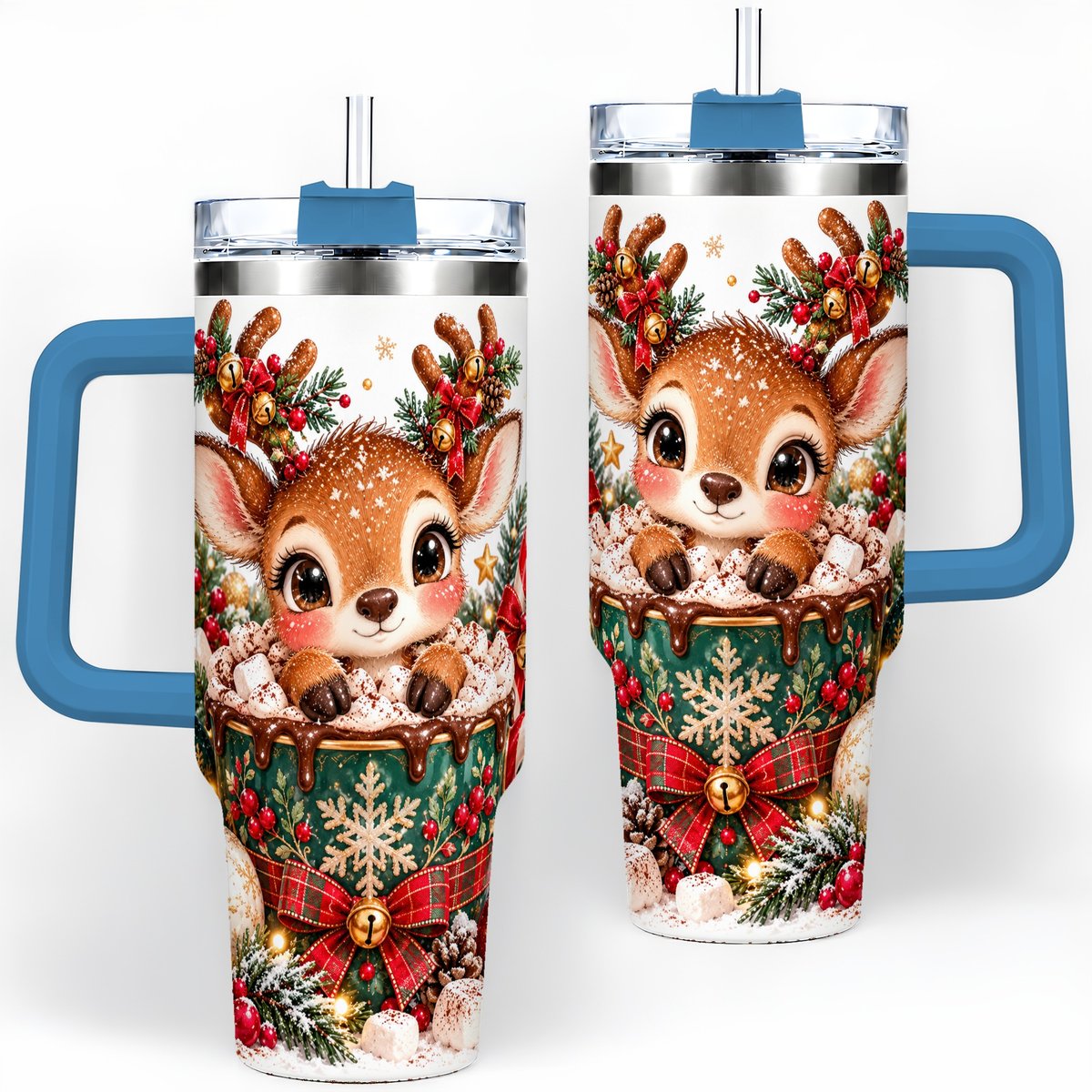 #pl[40oz|Blue] Christmas Reindeer Hot Cocoa Handled Tumbler 40oz