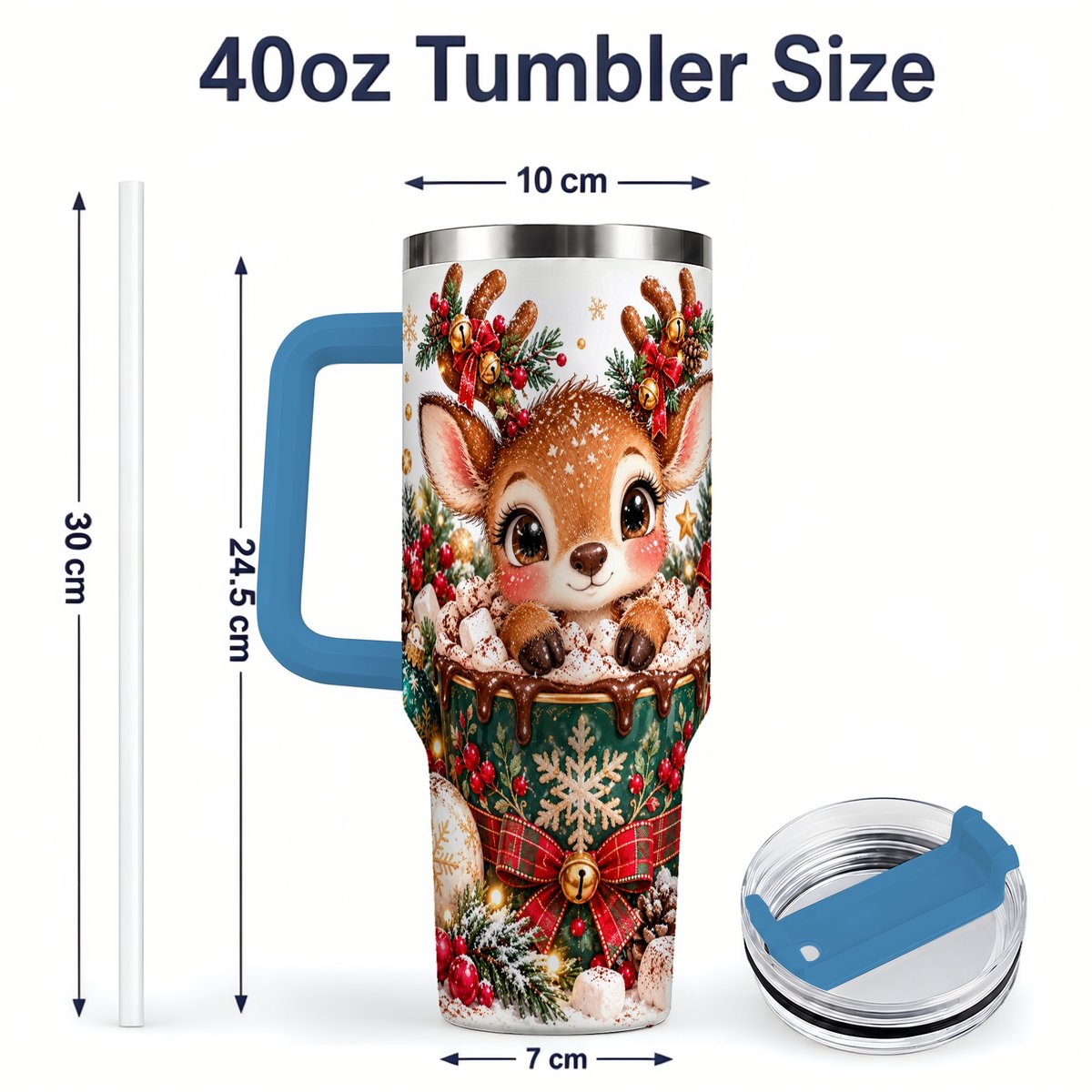 #pl[40oz|Blue] Christmas Reindeer Hot Cocoa Handled Tumbler 40oz