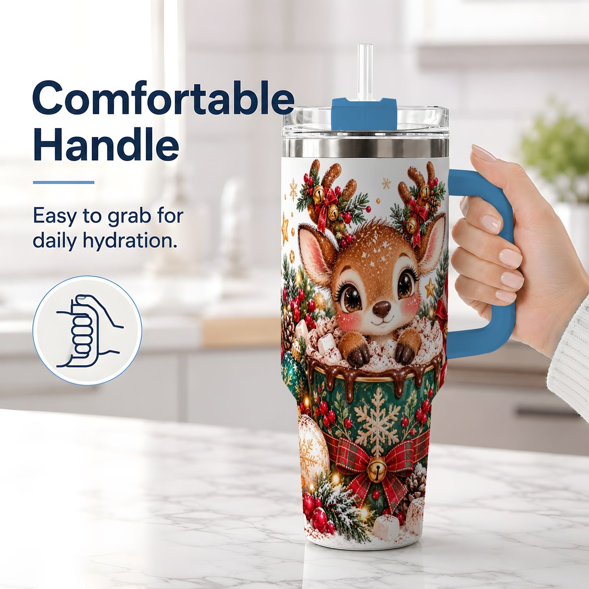 #pl[40oz|Blue] Christmas Reindeer Hot Cocoa Handled Tumbler 40oz