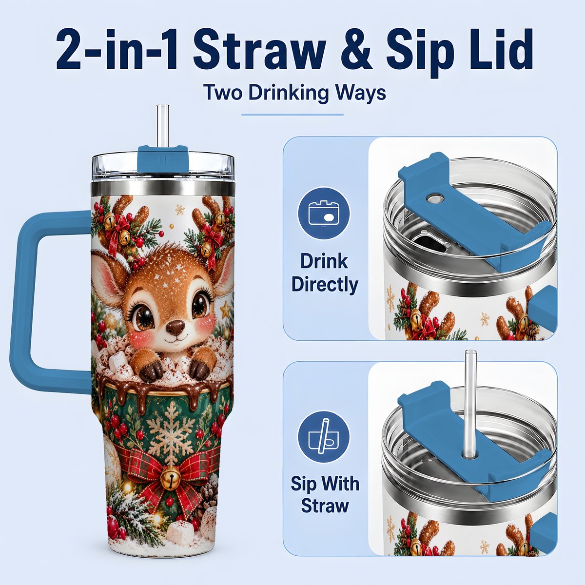 #pl[40oz|Blue] Christmas Reindeer Hot Cocoa Handled Tumbler 40oz