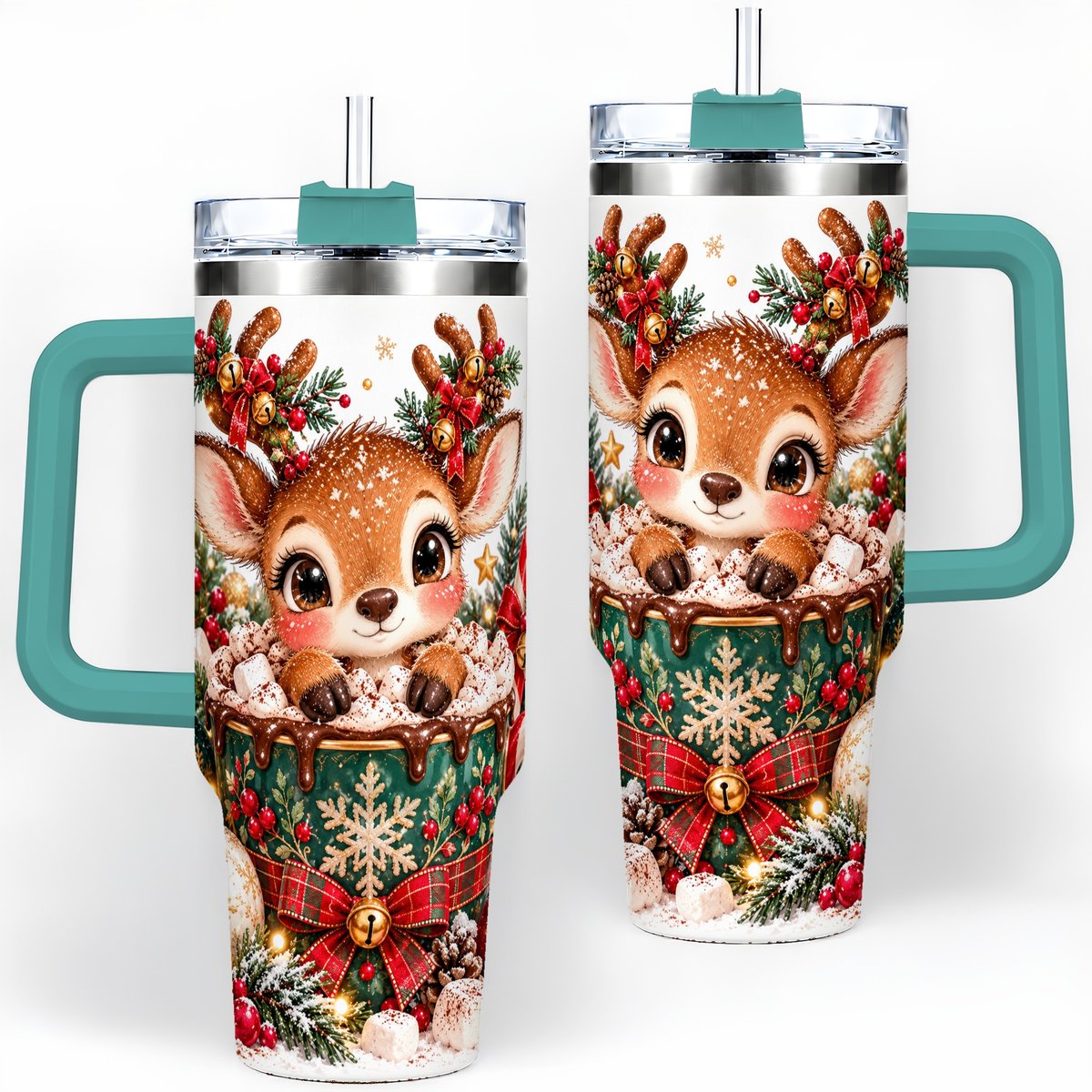 #pl[40oz|Green] Christmas Reindeer Hot Cocoa Handled Tumbler 40oz