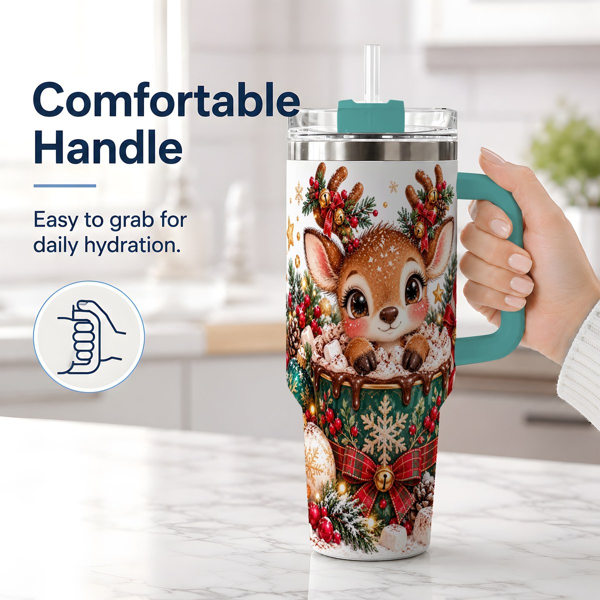 #pl[40oz|Green] Christmas Reindeer Hot Cocoa Handled Tumbler 40oz