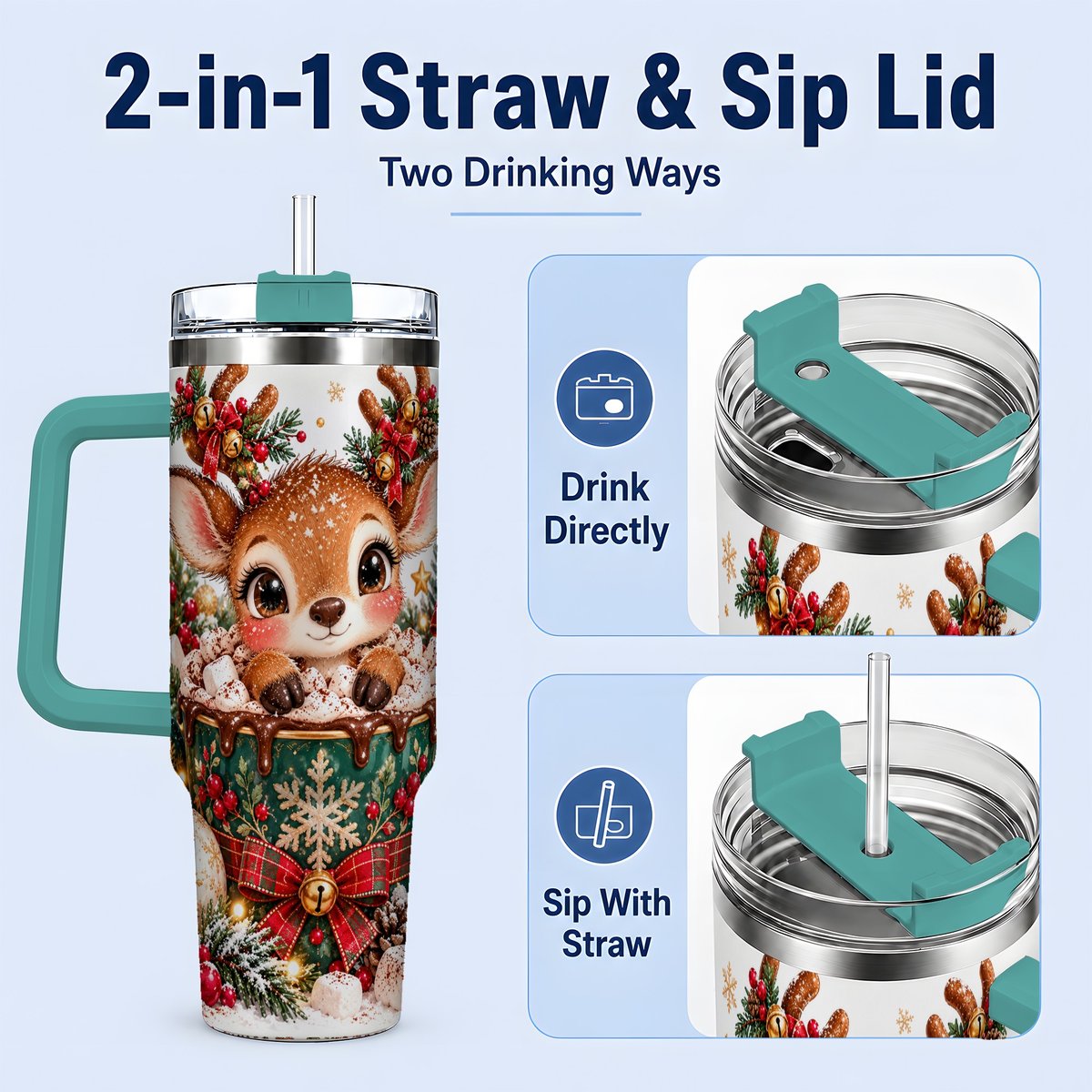 #pl[40oz|Green] Christmas Reindeer Hot Cocoa Handled Tumbler 40oz