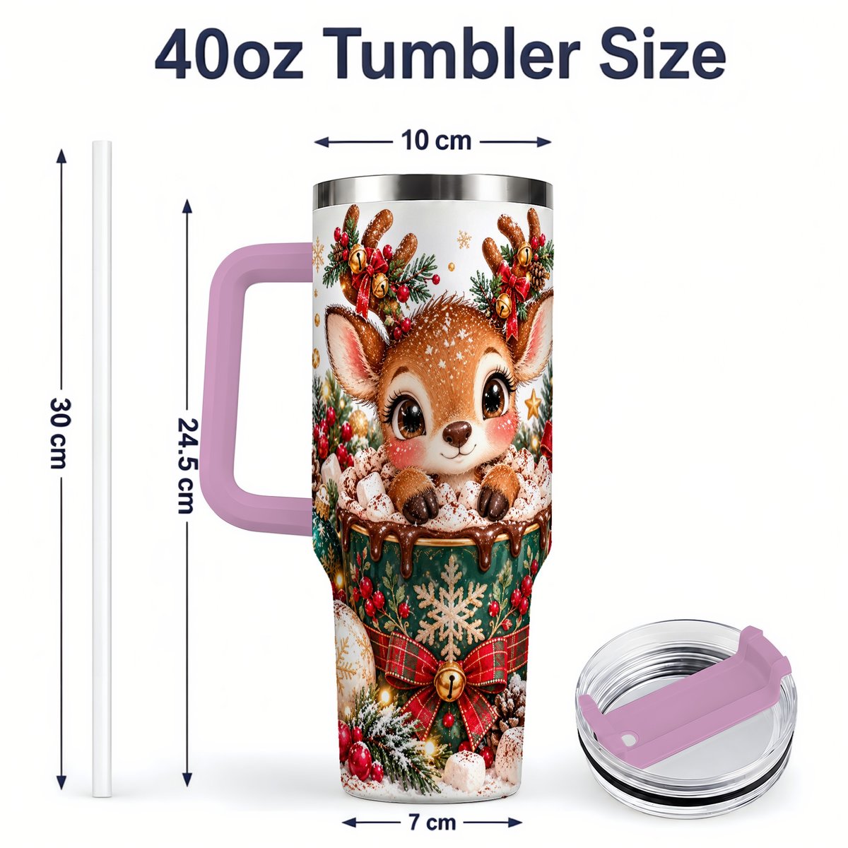 #pl[40oz|Pink] Christmas Reindeer Hot Cocoa Handled Tumbler 40oz
