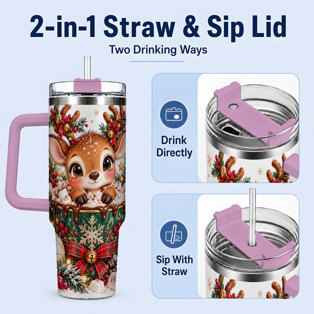 #pl[40oz|Pink] Christmas Reindeer Hot Cocoa Handled Tumbler 40oz