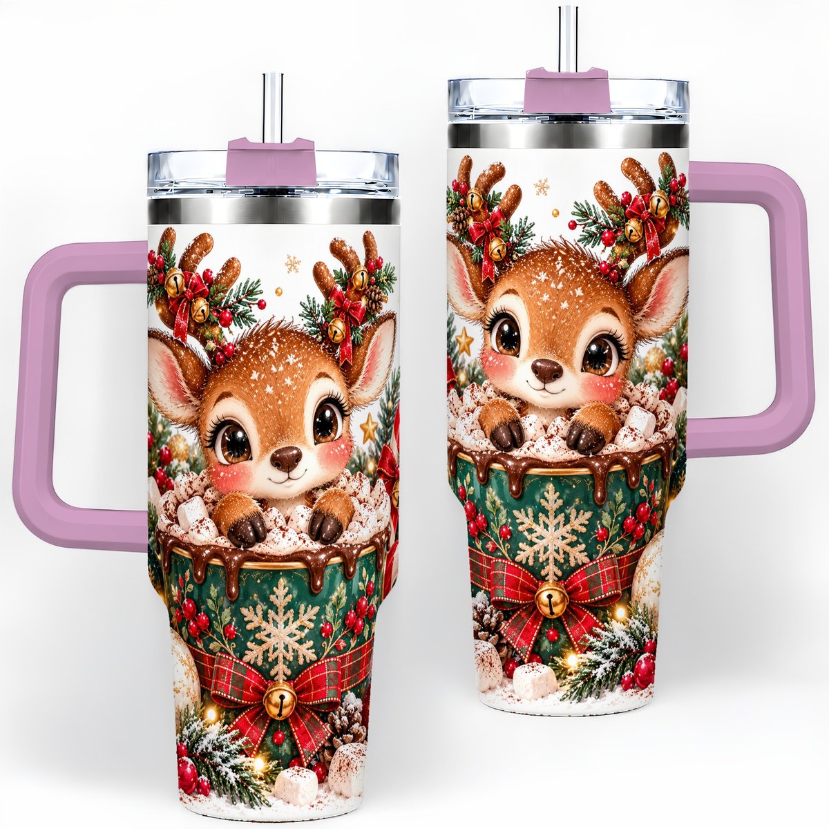 #pl[40oz|Pink] Christmas Reindeer Hot Cocoa Handled Tumbler 40oz