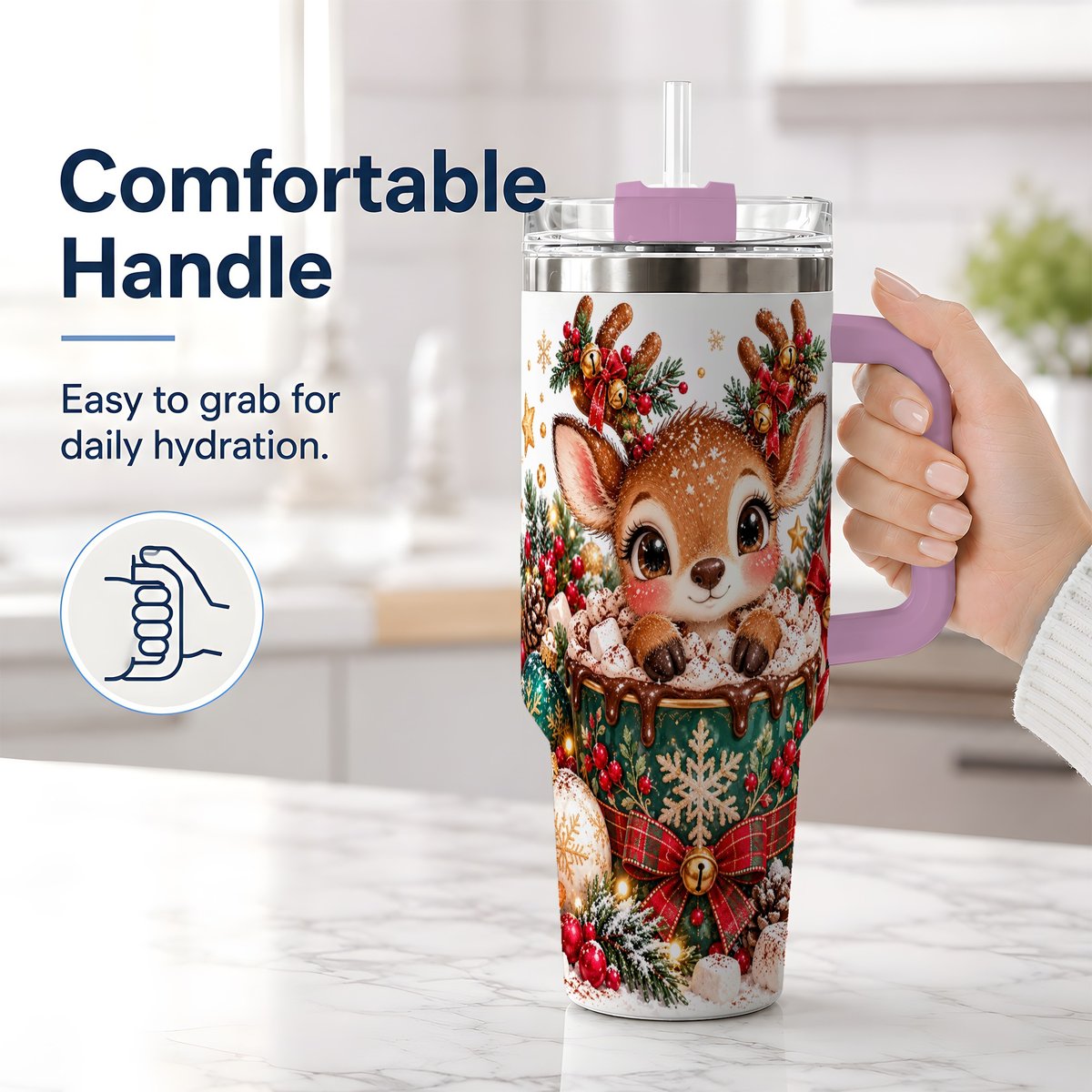 #pl[40oz|Pink] Christmas Reindeer Hot Cocoa Handled Tumbler 40oz