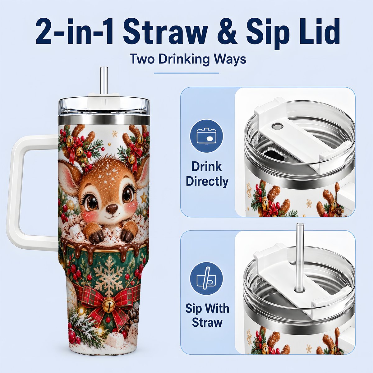 #pl[40oz|White] Christmas Reindeer Hot Cocoa Handled Tumbler 40oz