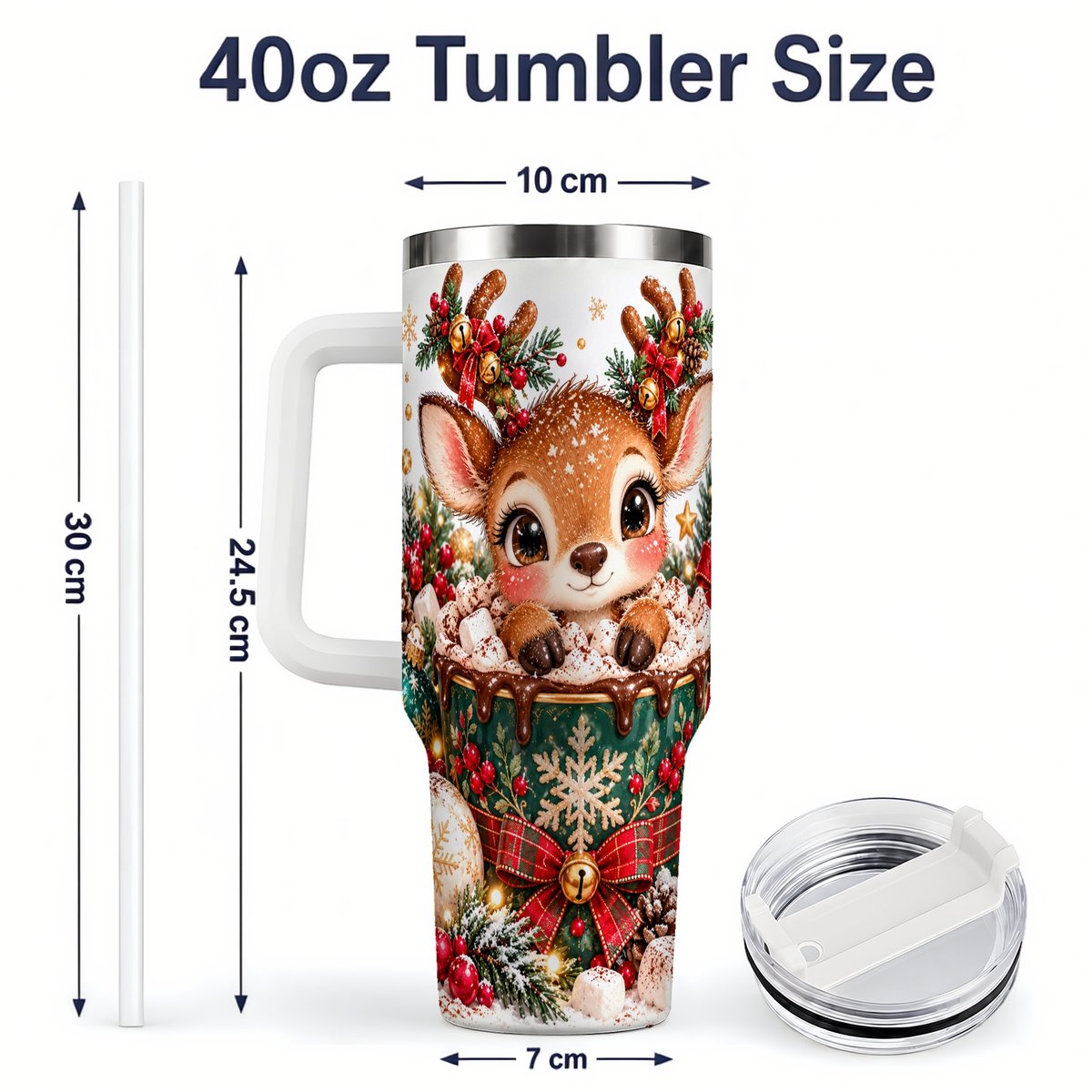 #pl[40oz|White] Christmas Reindeer Hot Cocoa Handled Tumbler 40oz