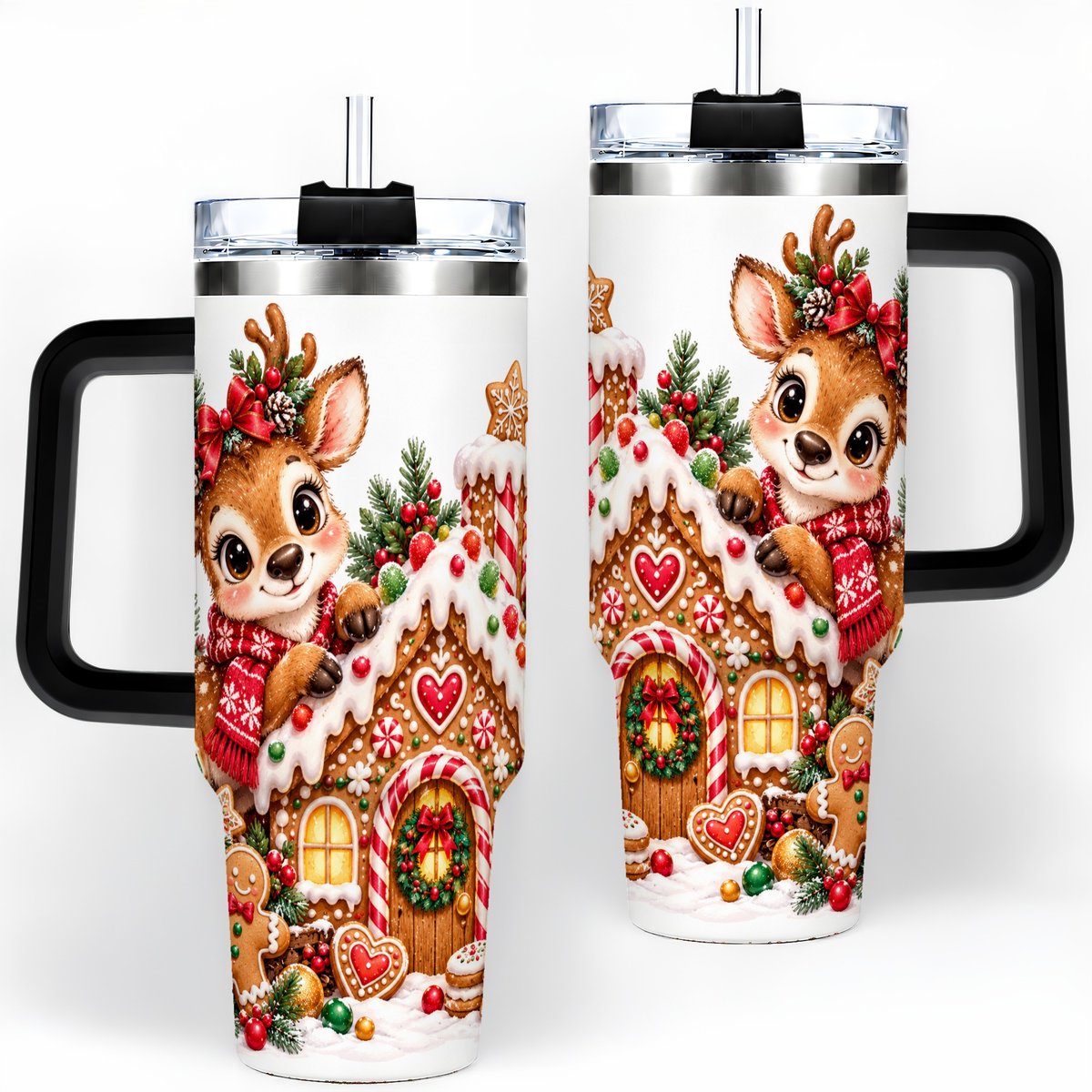 #pl[40oz|Black] Christmas Reindeer Gingerbread House Handled Tumbler 40oz