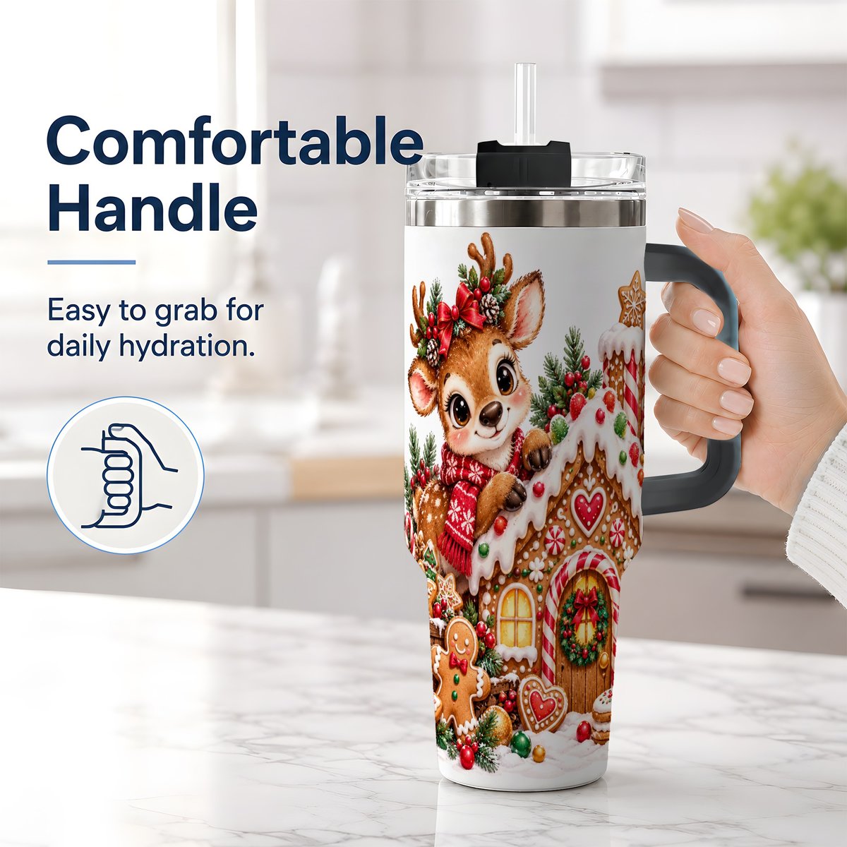 #pl[40oz|Black] Christmas Reindeer Gingerbread House Handled Tumbler 40oz