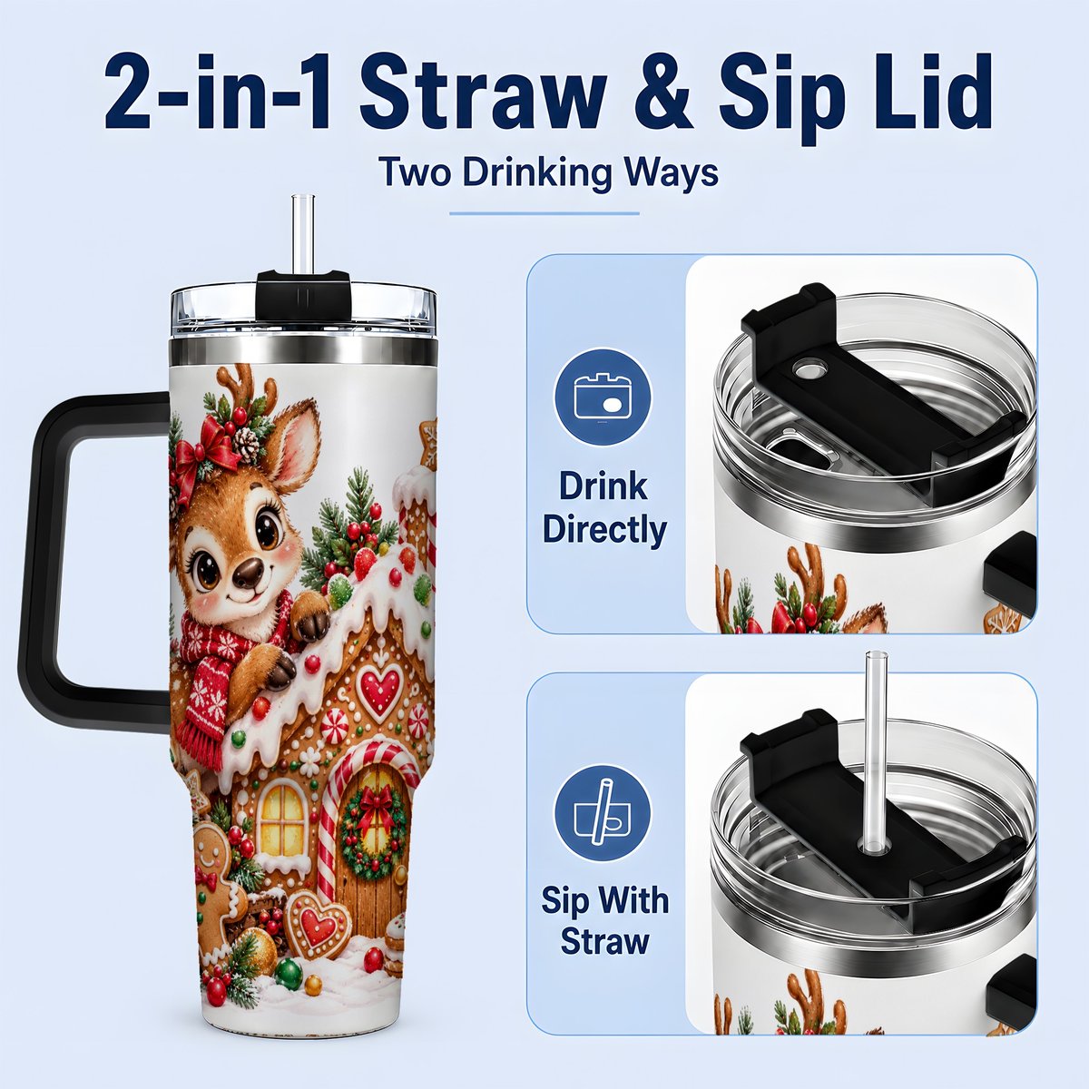 #pl[40oz|Black] Christmas Reindeer Gingerbread House Handled Tumbler 40oz
