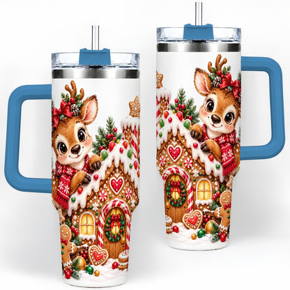 #pl[40oz|Blue] Christmas Reindeer Gingerbread House Handled Tumbler 40oz