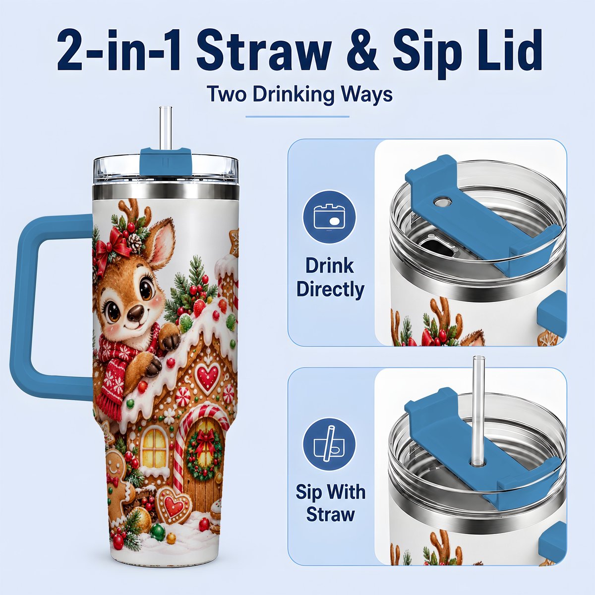 #pl[40oz|Blue] Christmas Reindeer Gingerbread House Handled Tumbler 40oz