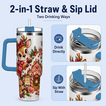 #pl[40oz|Blue] Christmas Reindeer Gingerbread House Handled Tumbler 40oz