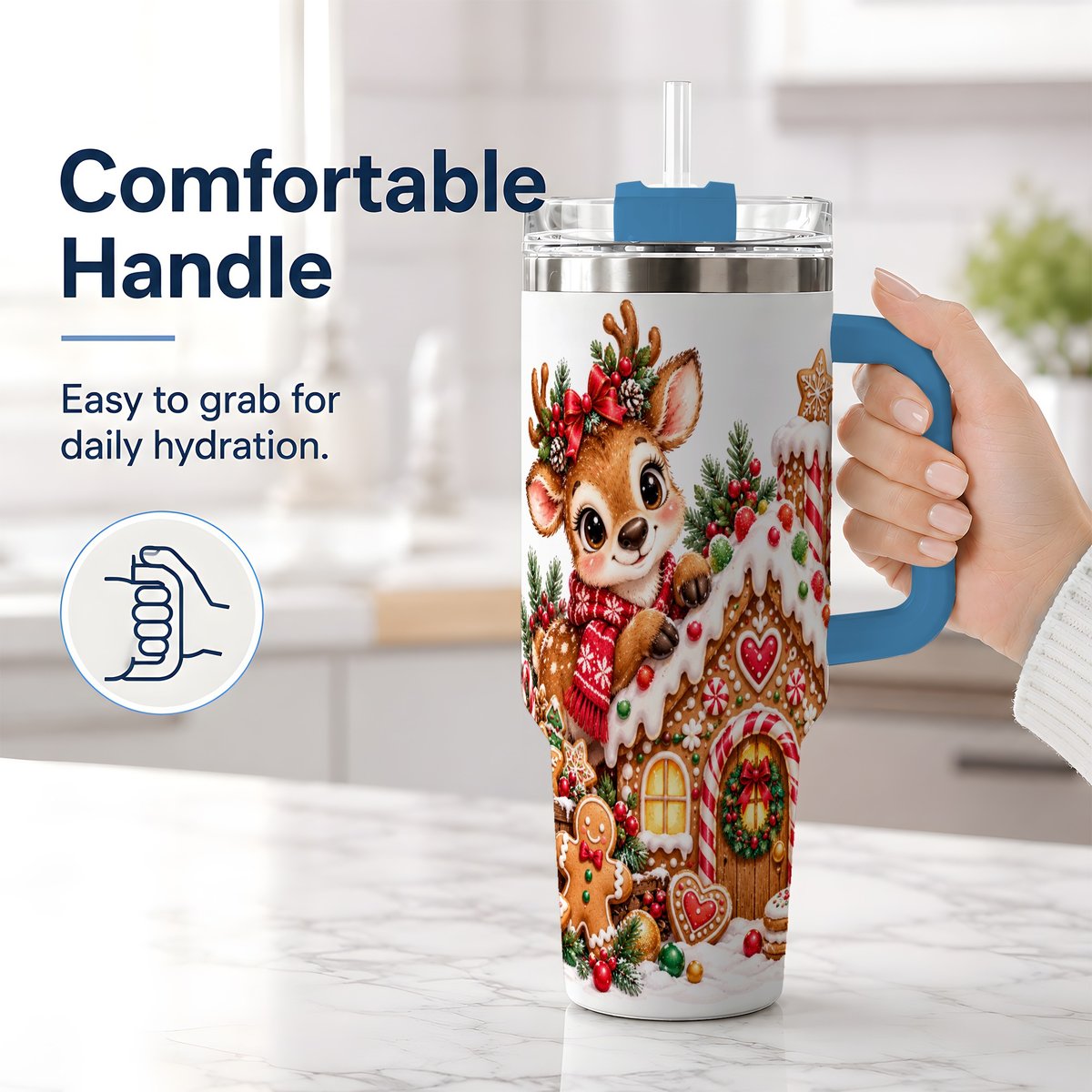 #pl[40oz|Blue] Christmas Reindeer Gingerbread House Handled Tumbler 40oz