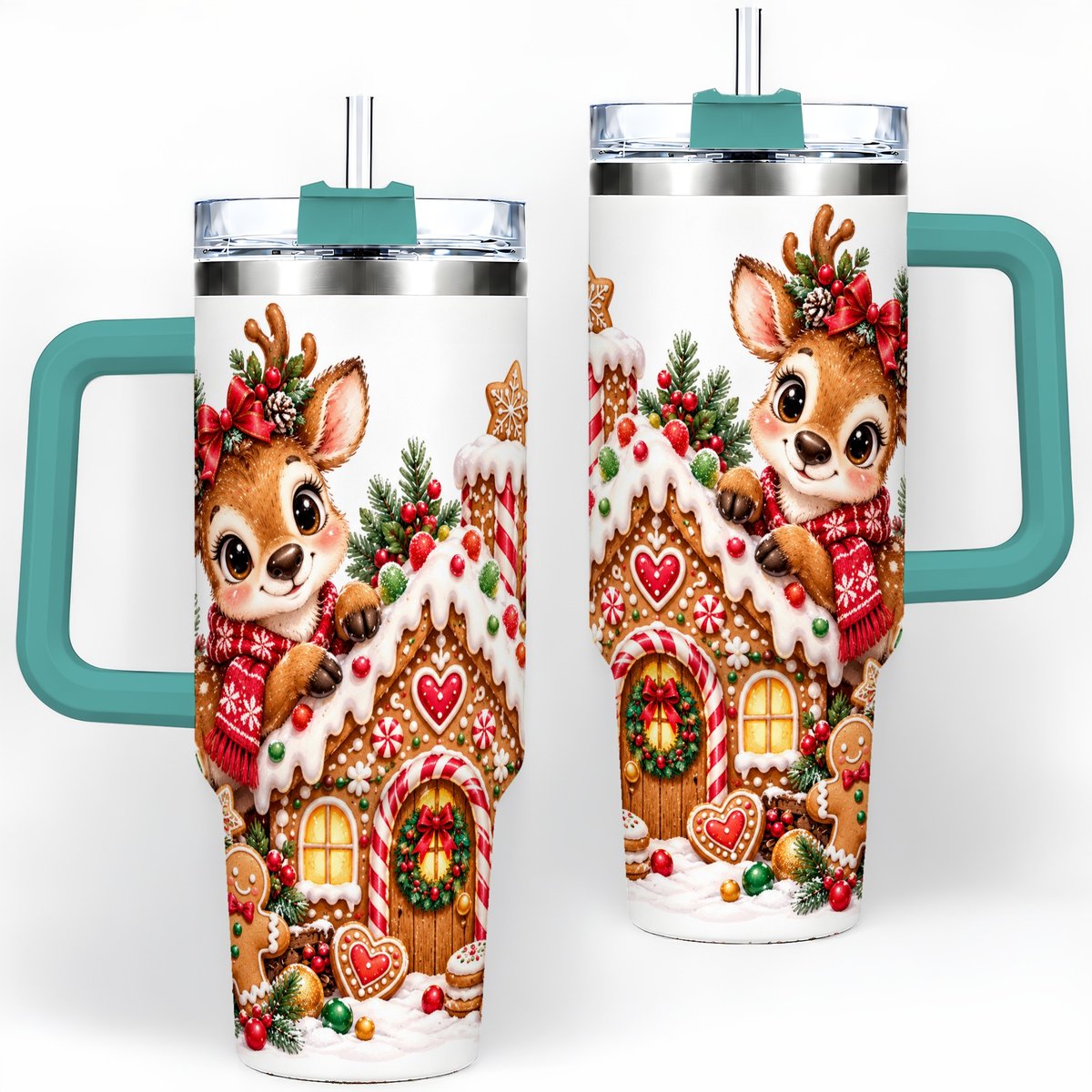 #pl[40oz|Green] Christmas Reindeer Gingerbread House Handled Tumbler 40oz