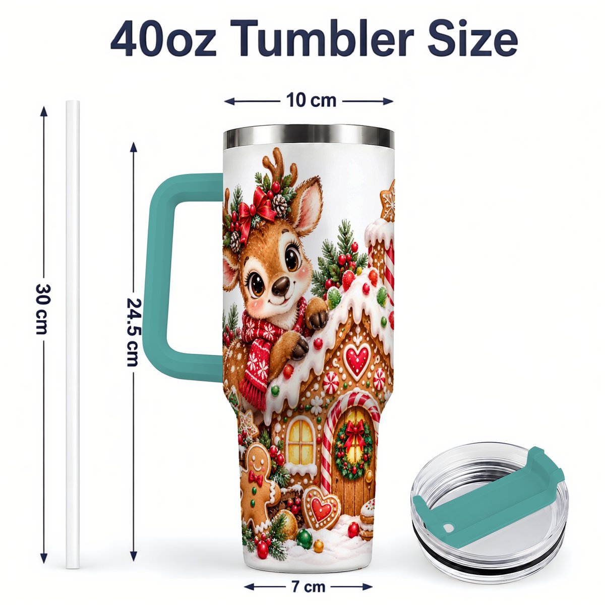 #pl[40oz|Green] Christmas Reindeer Gingerbread House Handled Tumbler 40oz