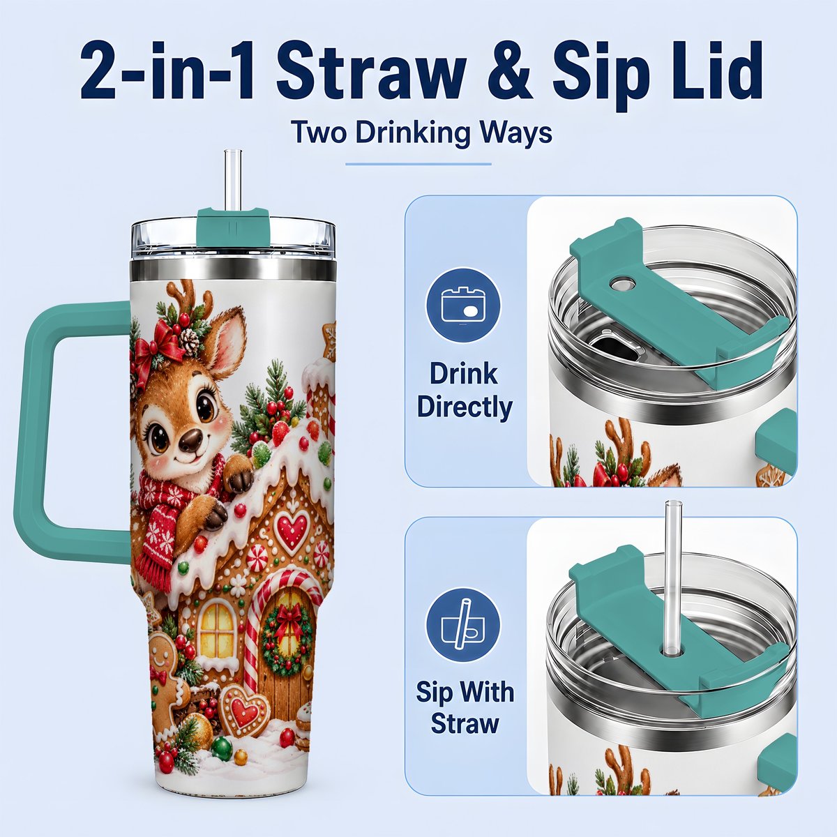 #pl[40oz|Green] Christmas Reindeer Gingerbread House Handled Tumbler 40oz