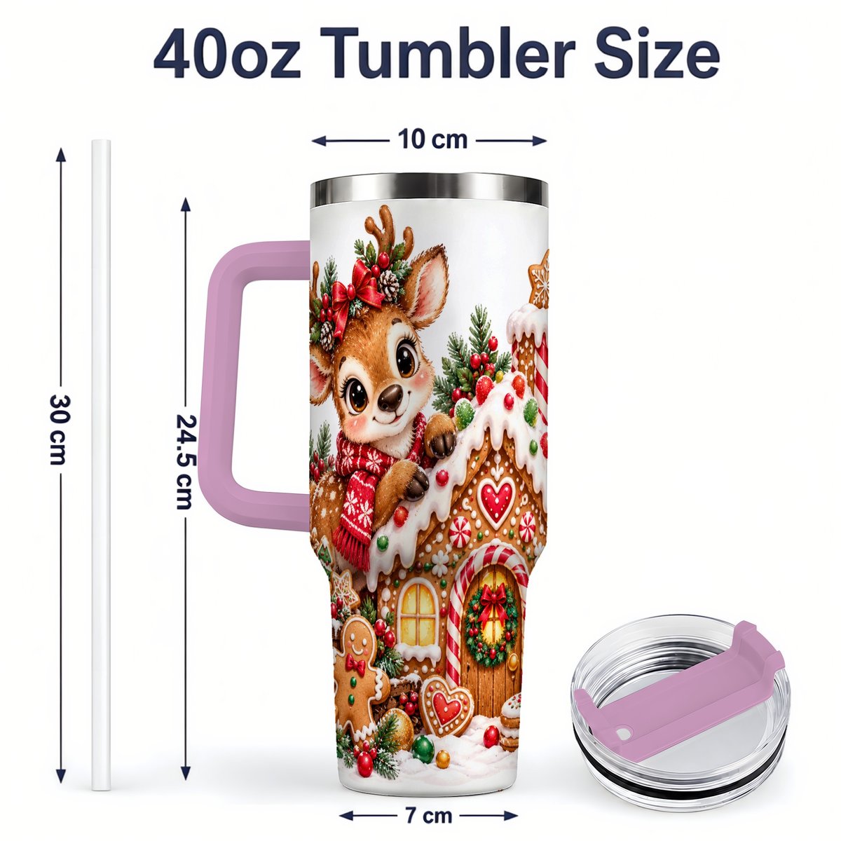#pl[40oz|Pink] Christmas Reindeer Gingerbread House Handled Tumbler 40oz