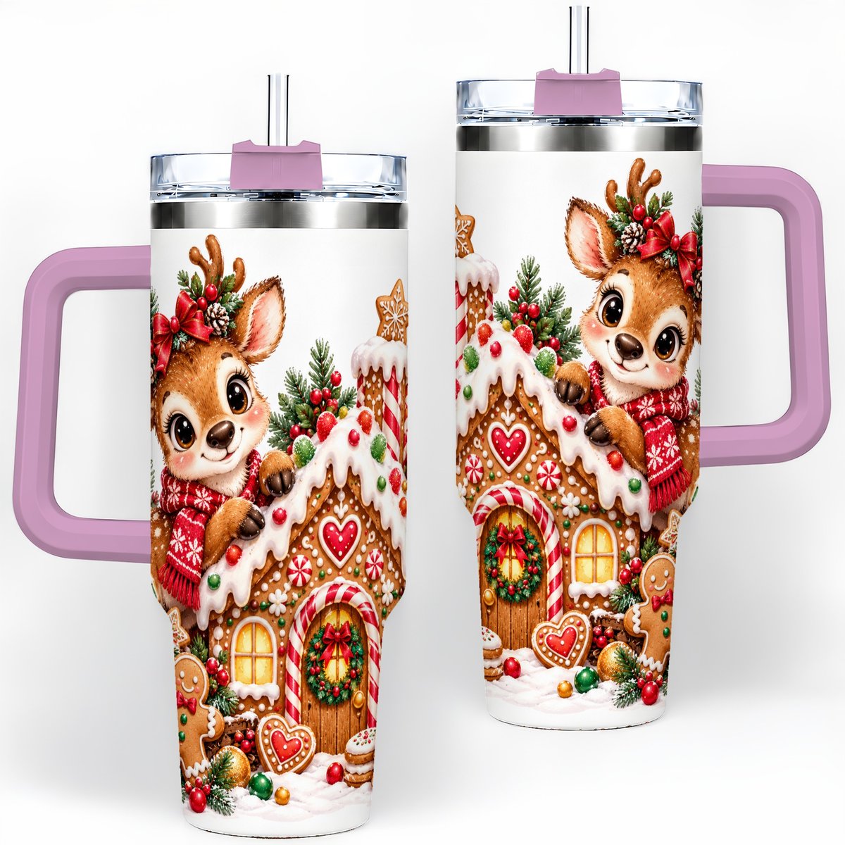 #pl[40oz|Pink] Christmas Reindeer Gingerbread House Handled Tumbler 40oz