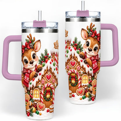 #pl[40oz|Pink] Christmas Reindeer Gingerbread House Handled Tumbler 40oz