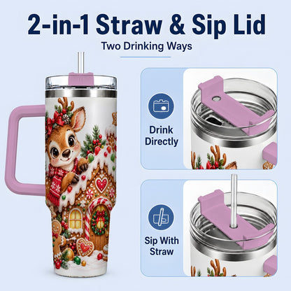 #pl[40oz|Pink] Christmas Reindeer Gingerbread House Handled Tumbler 40oz