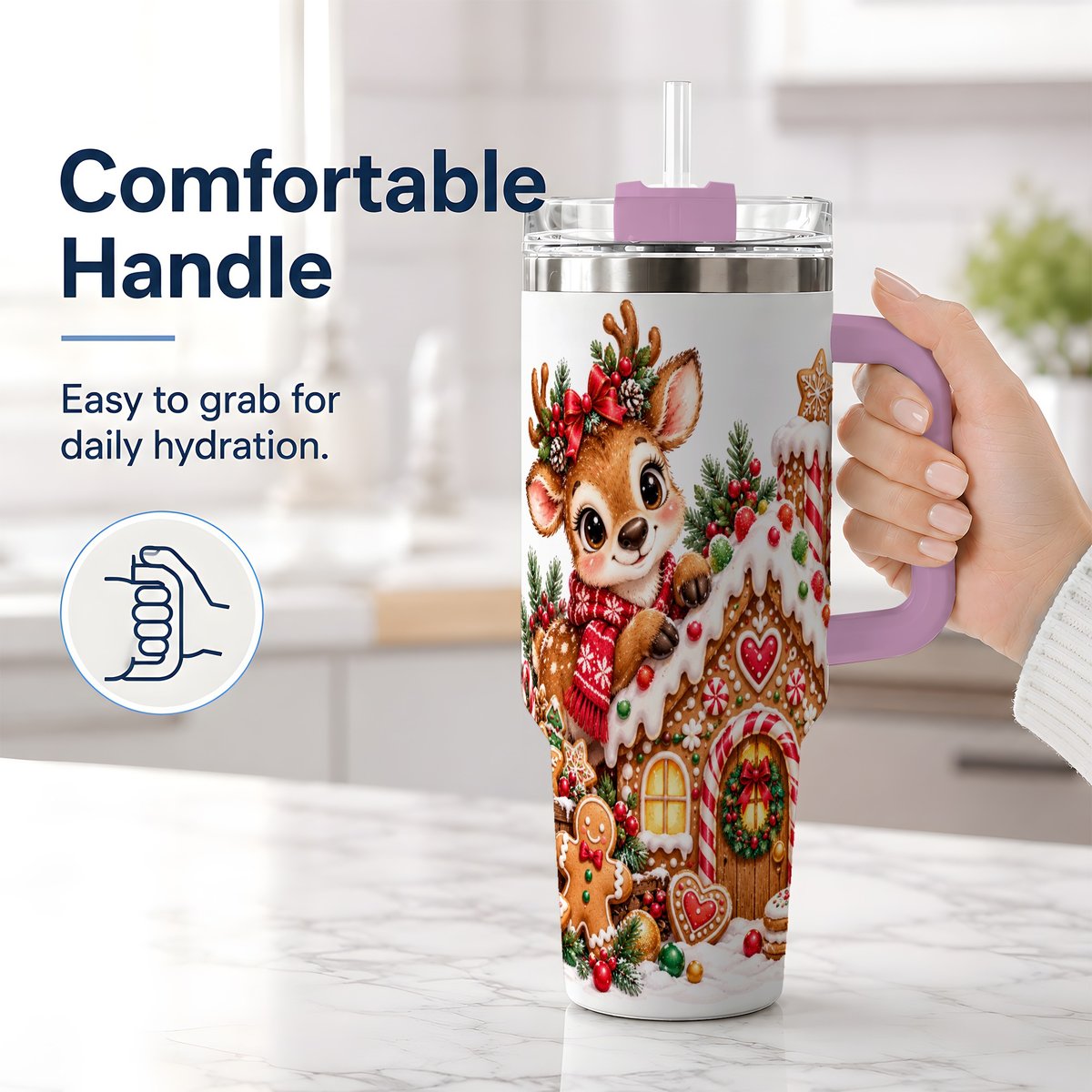 #pl[40oz|Pink] Christmas Reindeer Gingerbread House Handled Tumbler 40oz