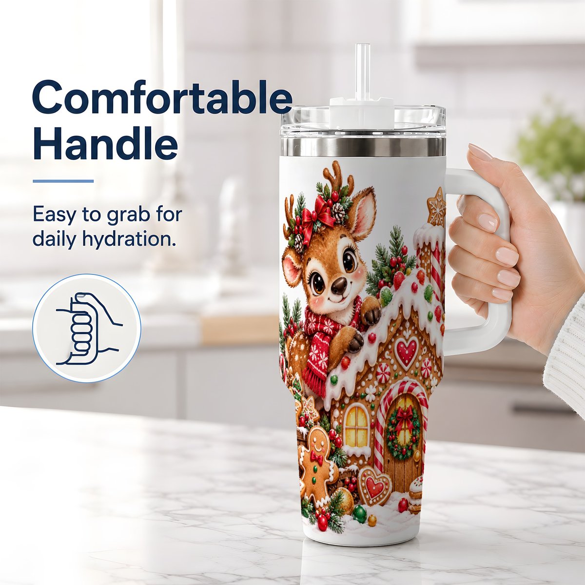 #pl[40oz|White] Christmas Reindeer Gingerbread House Handled Tumbler 40oz
