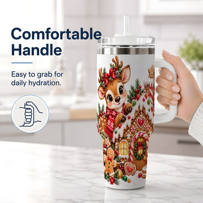 #pl[40oz|White] Christmas Reindeer Gingerbread House Handled Tumbler 40oz