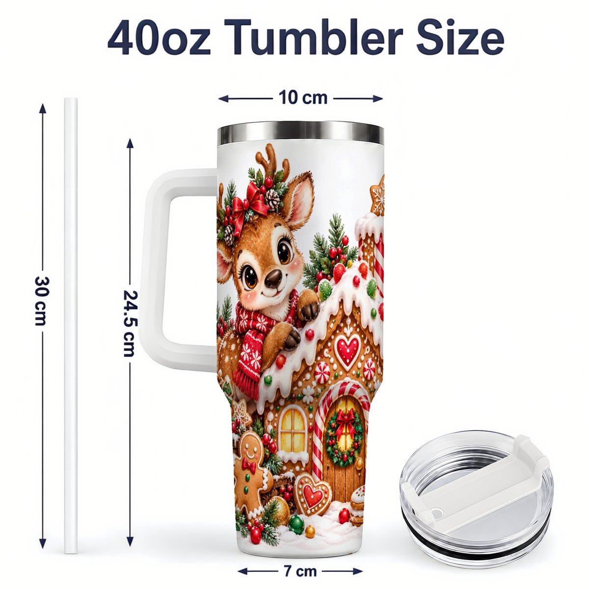 #pl[40oz|White] Christmas Reindeer Gingerbread House Handled Tumbler 40oz