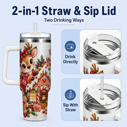 #pl[40oz|White] Christmas Reindeer Gingerbread House Handled Tumbler 40oz