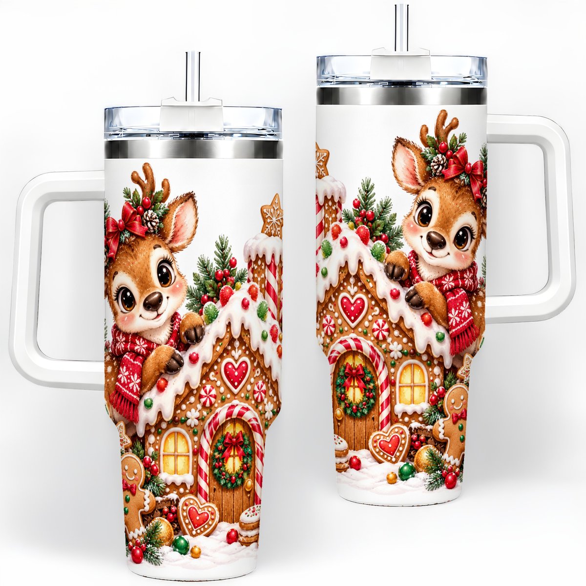 Christmas Reindeer Gingerbread House Handled Tumbler 40oz