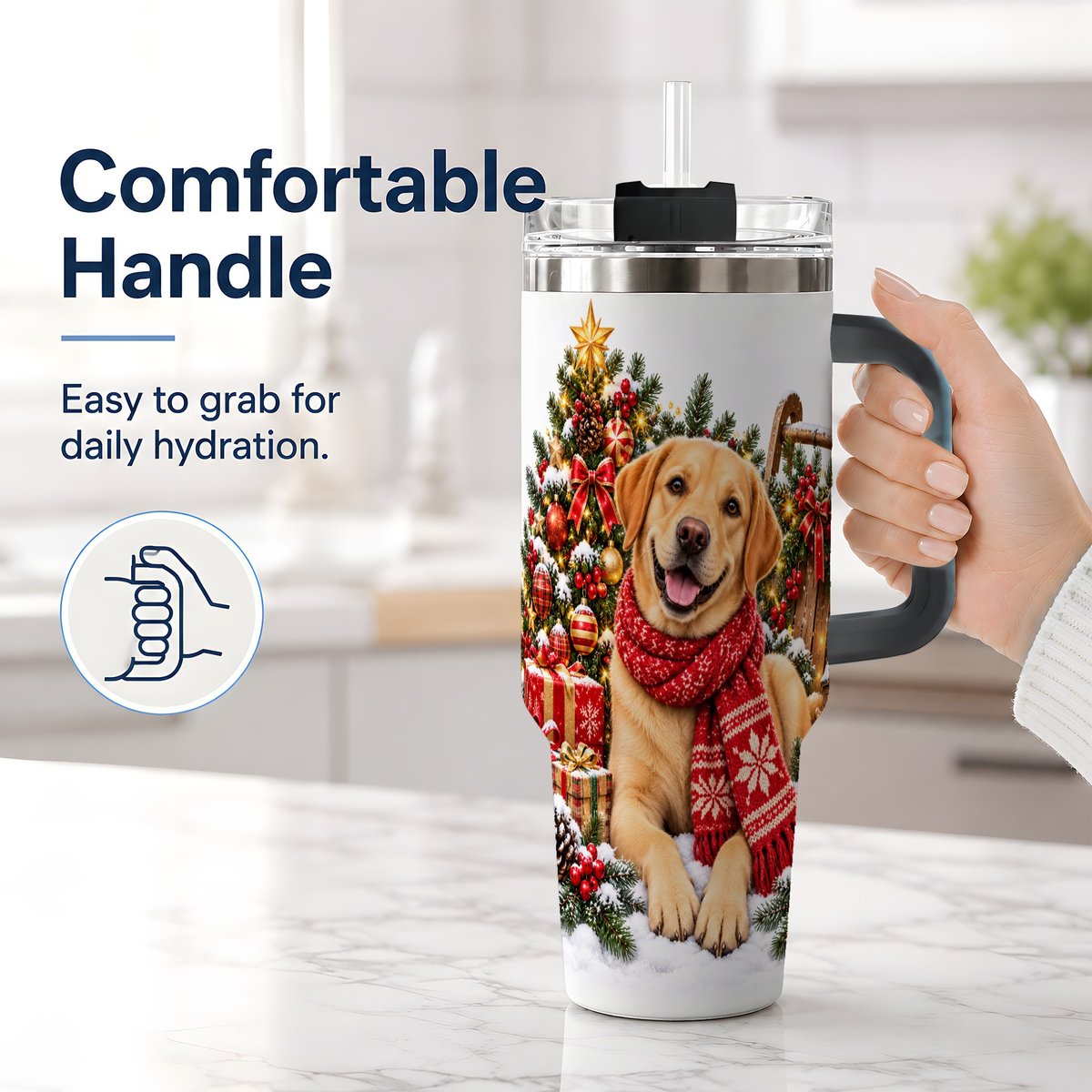 #pl[40oz|Black] Golden Retriever Christmas Scarf Handled Tumbler 40oz
